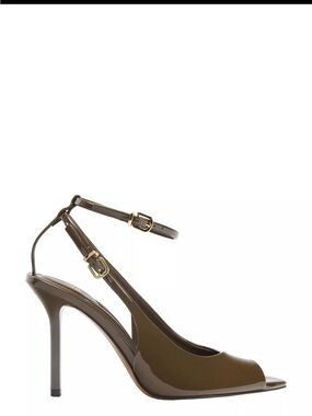 Olive Green Patent Slingback Peep-Toe Stiletto Heels